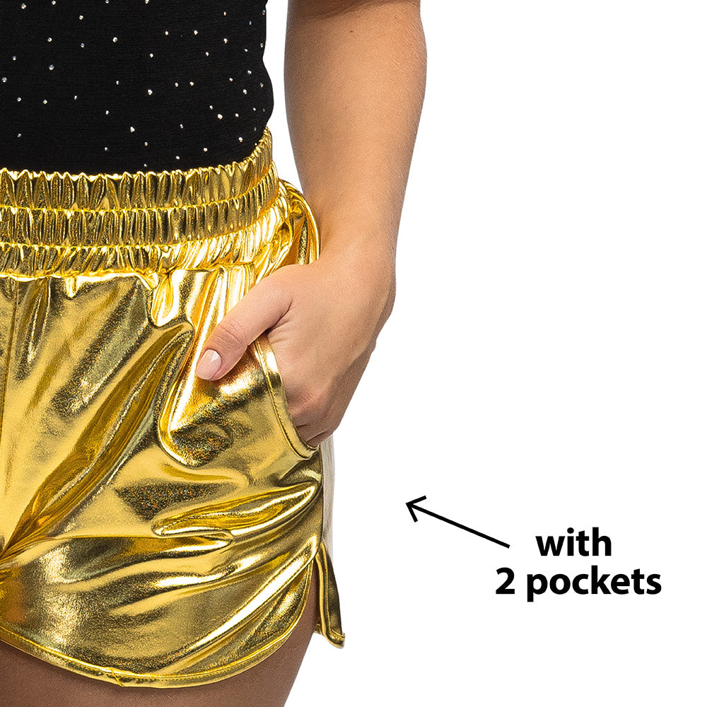 Short Métallisé Doré avec Poches - Déguisement Disco Femme