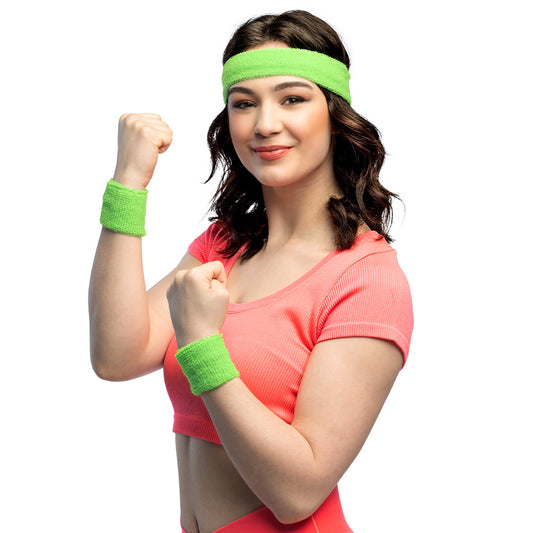Bandeau Headband et Bracelets Éponge Vert Fluo Années 80