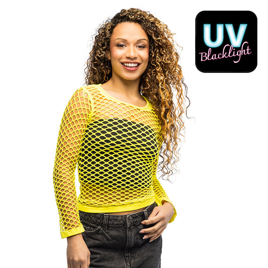 Top Filet Jaune Fluo UV Blacklight Femme Années 80