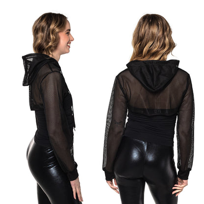 Crop Top Filet Noir avec Capuche - Déguisement Rave Festival