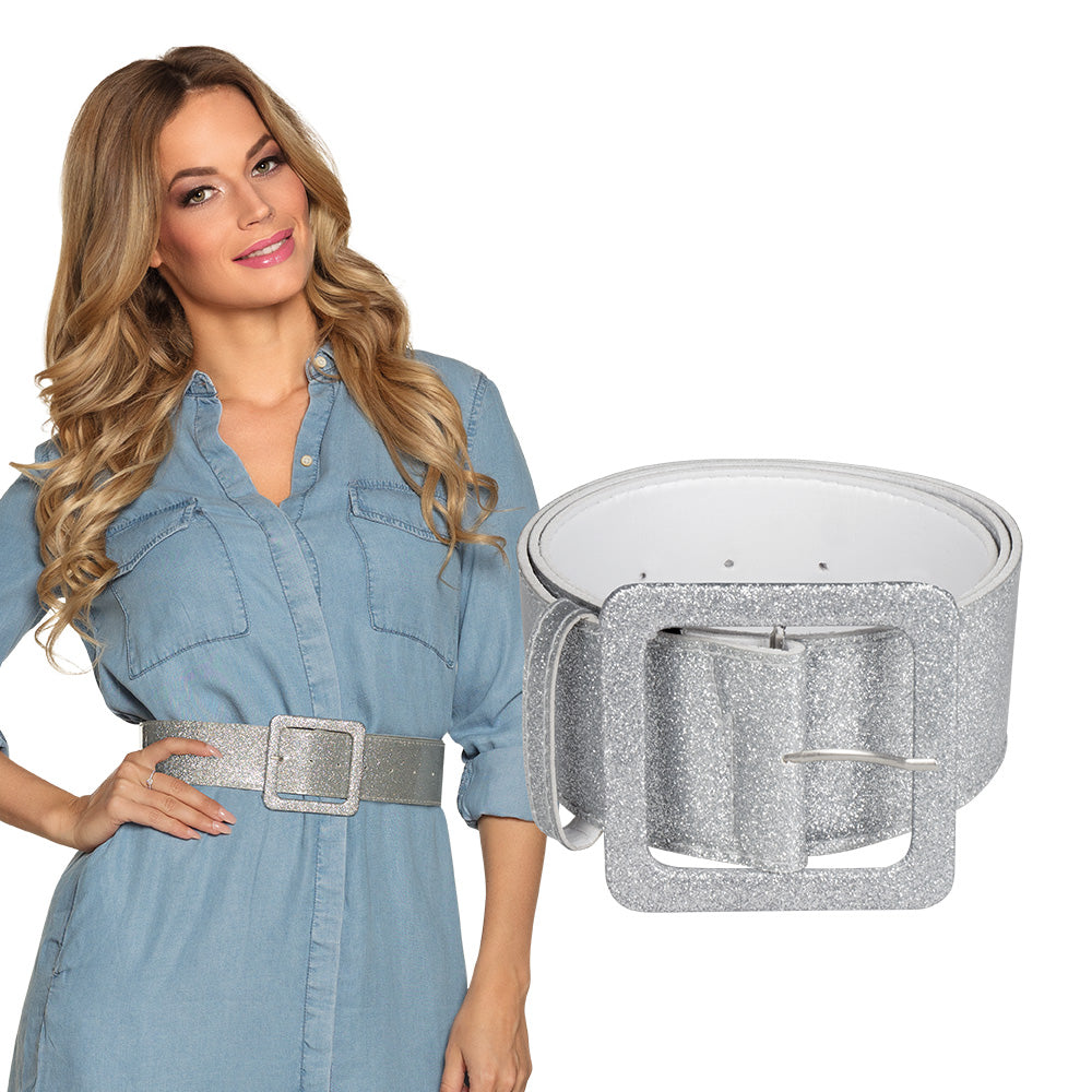 Ceinture Scintillante Argentée avec Boucle Carrée - Accessoire Soirée