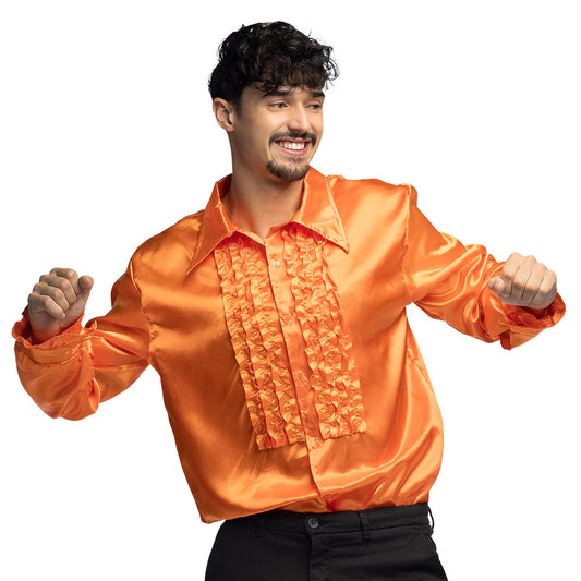 Chemise Disco Satinée Orange avec Volants - Déguisement Années 70
