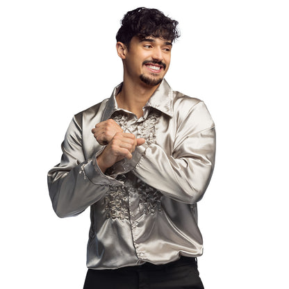 Chemise Satin Argent Luxe avec Jabot - Déguisement Disco Années 70