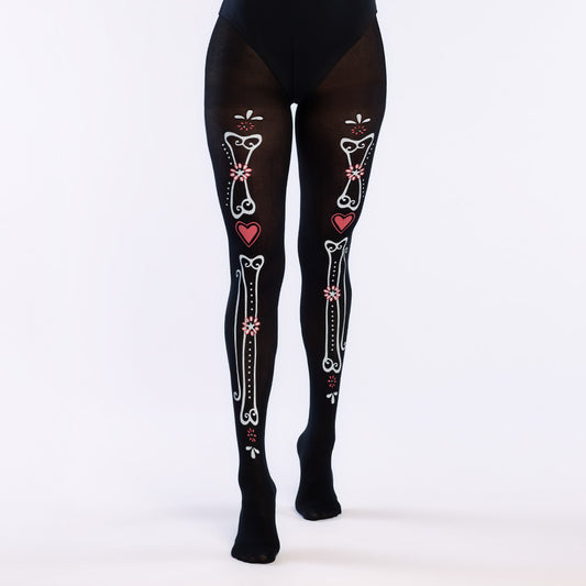 Collants Skeleton Gothique - Motifs Squelette et Cœur