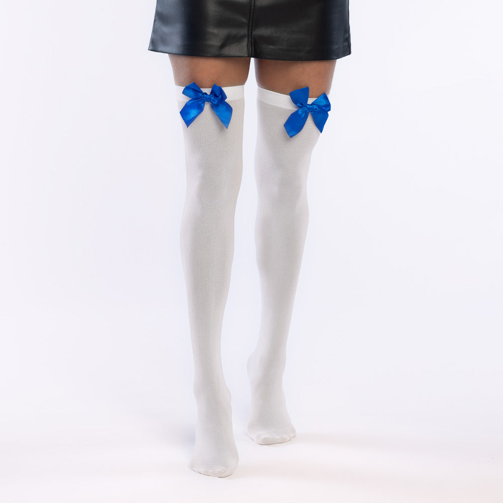 Bas Blancs Longs avec Nœuds Bleus - Accessoire Déguisement