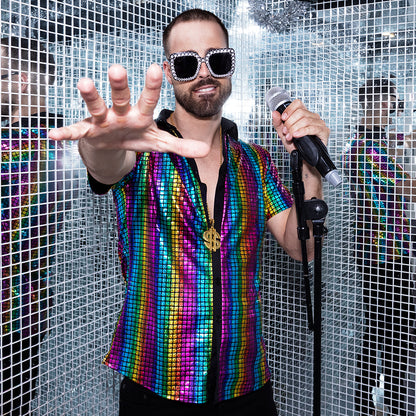 Chemise Disco Arc-en-ciel Paillettes - Déguisement Années 70