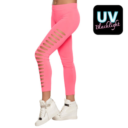 Legging Rose Fluo Stretch Découpes Effet UV Blacklight