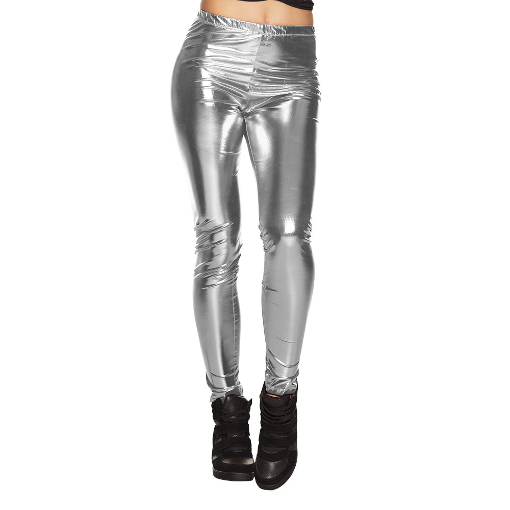 Legging Stretch Métallisé Argent - Effet Mouillé Brillant