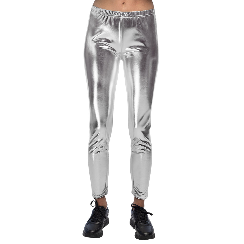 Legging Stretch Métallisé Argent - Effet Mouillé Brillant