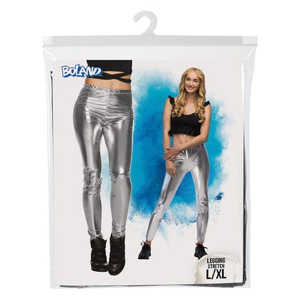 Legging Stretch Métallisé Argent - Effet Mouillé Brillant