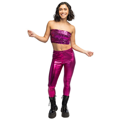 Legging Metallic Stretch Rose Fuchsia - Déguisement Années 80