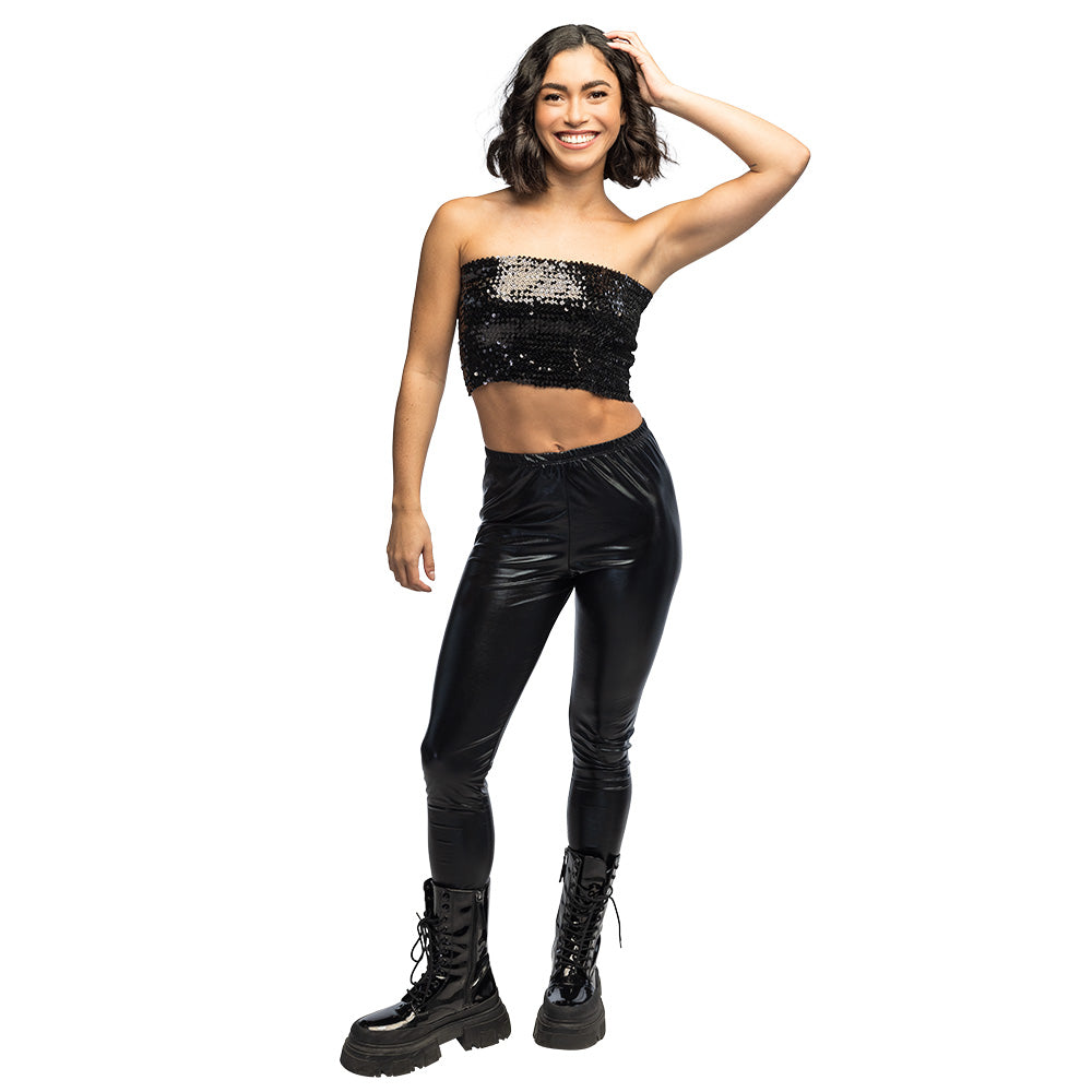 Legging Stretch Métallisé Noir – Costume Disco Années 80