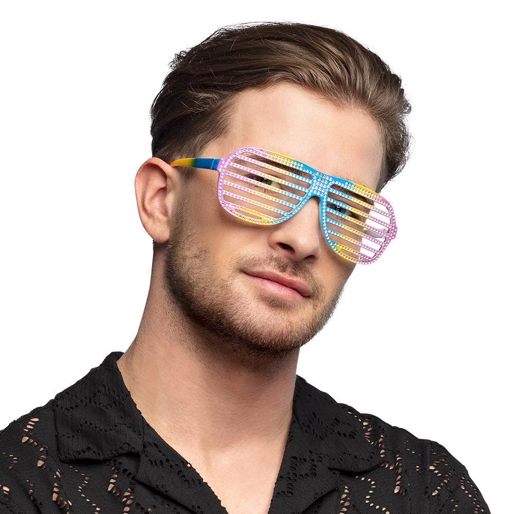 Lunettes de Fête Disco à Lamelles Colorées - Arc-en-ciel Strass