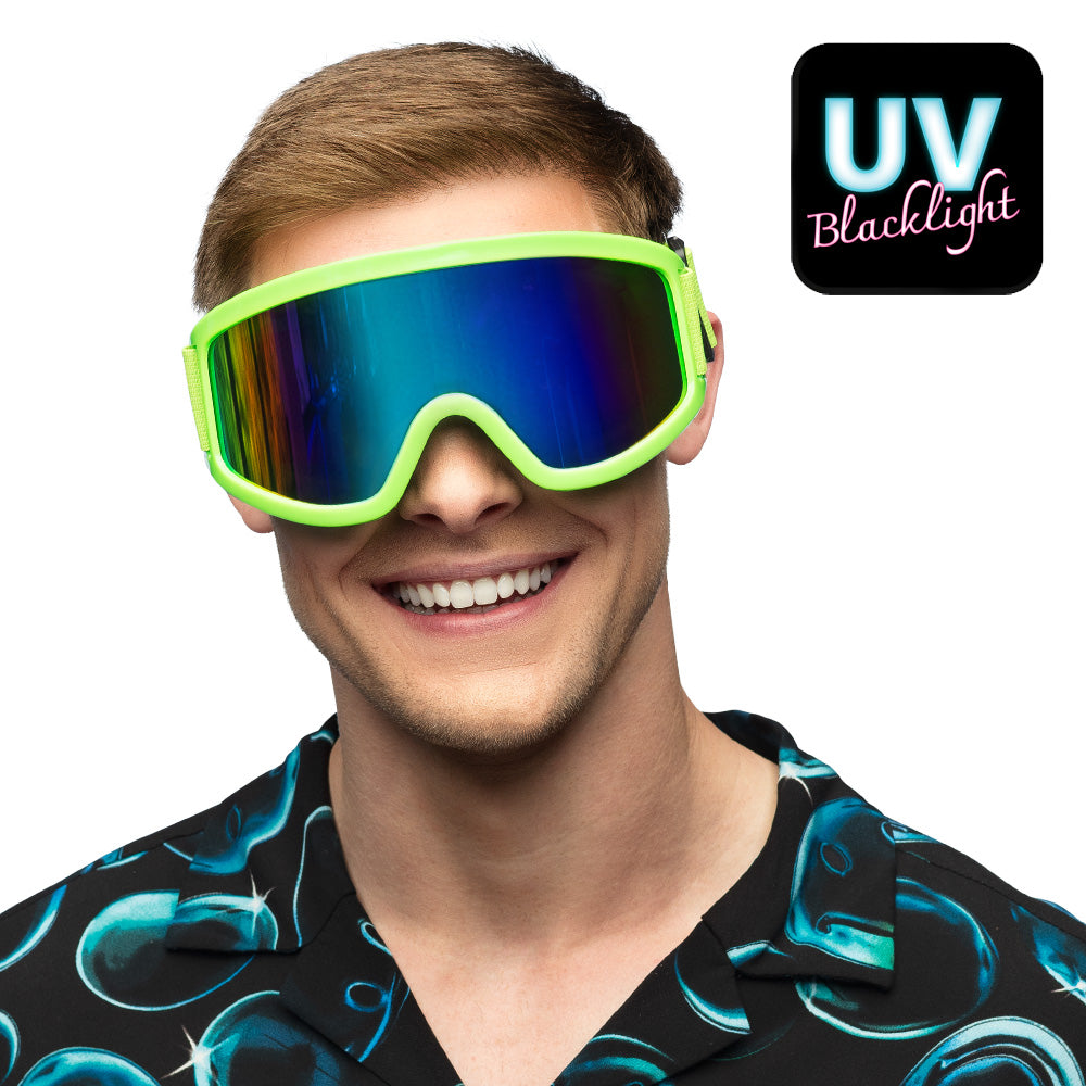 Lunettes de Ski UV Blacklight Vert Fluo Verres Miroir Arc-en-Ciel