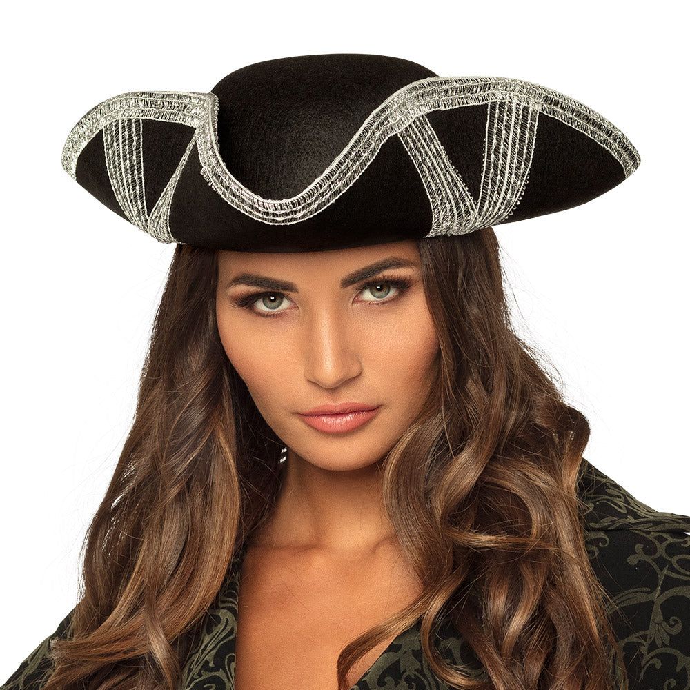 Chapeau Pirate Tricorne Noir Argent - Déguisement Adulte