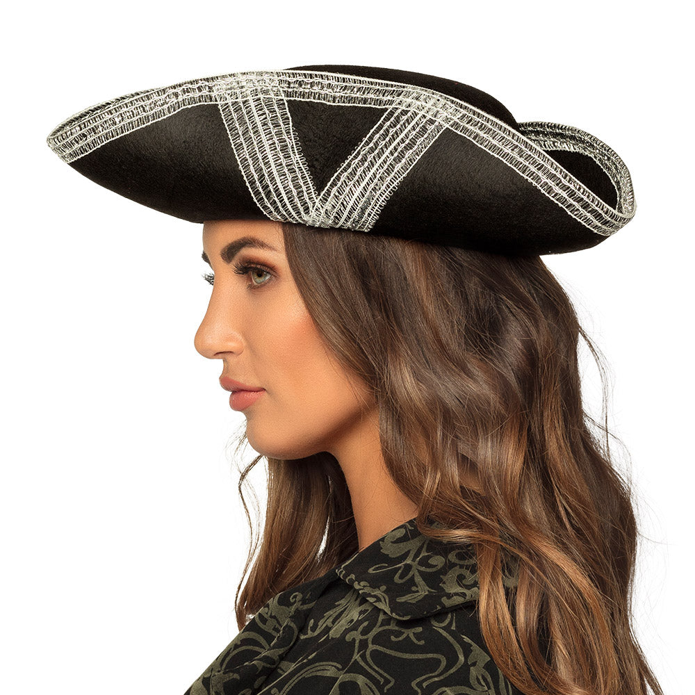 Chapeau Pirate Tricorne Noir Argent - Déguisement Adulte