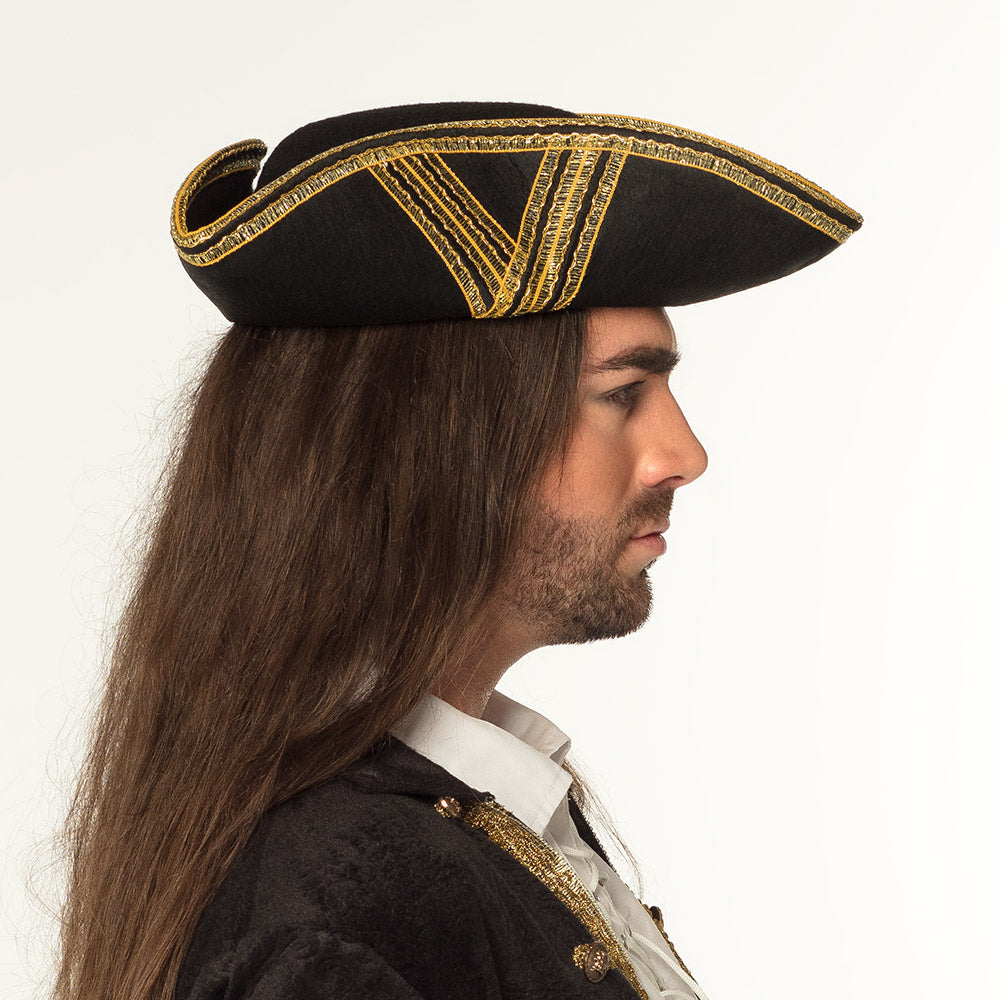 Chapeau Tricorne Pirate Noir et Or - Déguisement Adulte