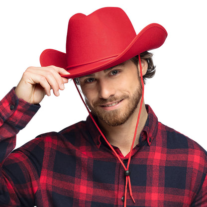 Chapeau Cowboy Rouge avec Cordelette - Accessoire Western Adulte