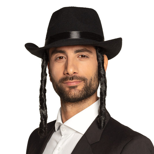 Perruque Rabbin Juif avec Tresses et Chapeau Noir