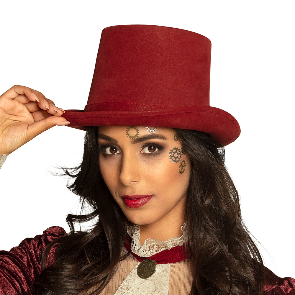 Haut de forme rouge bordeaux steampunk velours