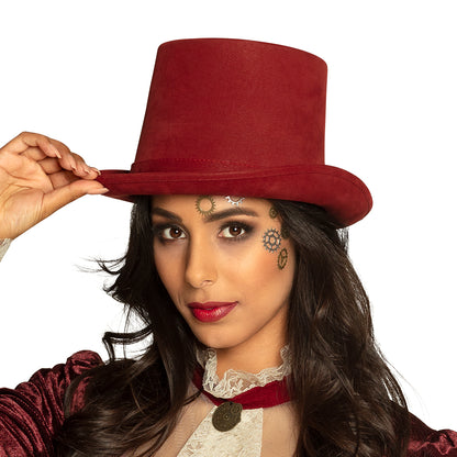 Haut de forme rouge bordeaux steampunk velours
