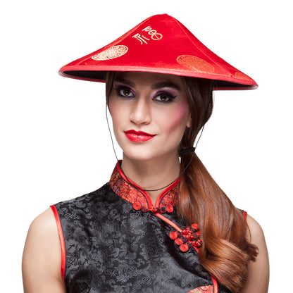 Chapeau Conique Asiatique Rouge - Accessoire Déguisement Asie