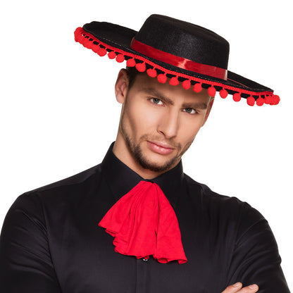 Chapeau Cowboy Noir avec Pompons Rouges - Accessoire Déguisement
