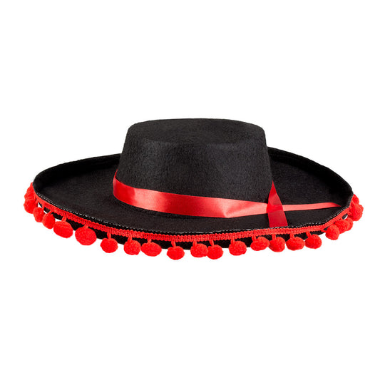 Chapeau Cowboy Noir avec Pompons Rouges - Accessoire Déguisement