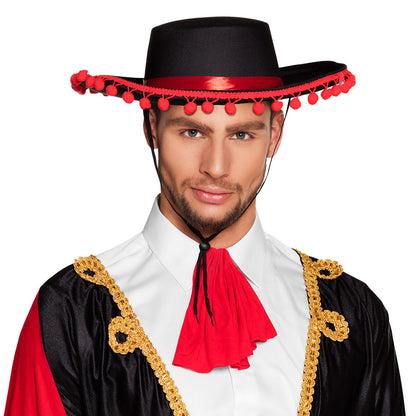Sombrero Mexicain Noir Bords Rouges Pom-Poms - Déguisement