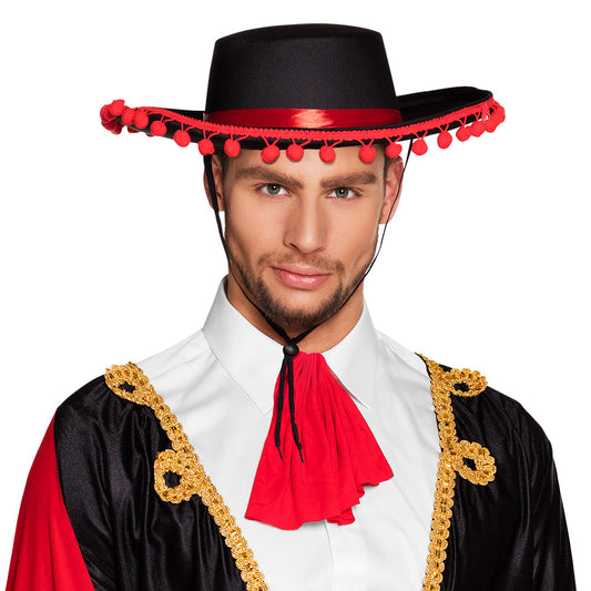 Sombrero Mexicain Noir Bords Rouges Pom-Poms - Déguisement