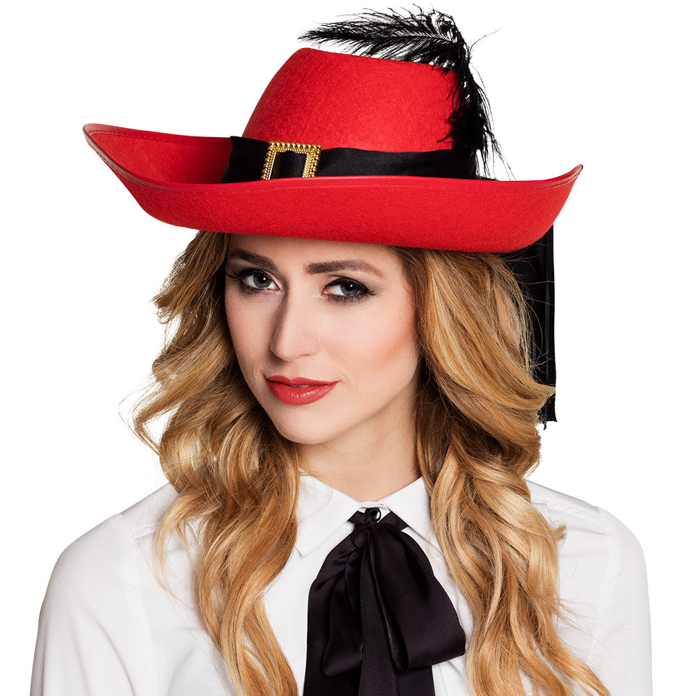 Chapeau Cowboy Rouge Luxe avec Plumes Noires