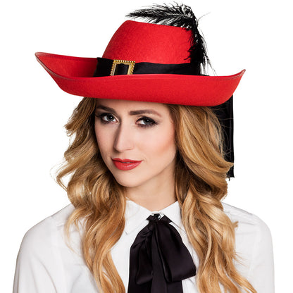 Chapeau Cowboy Rouge Luxe avec Plumes Noires