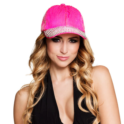 Casquette Sequins Rose Fluo Strass - Accessoire de Fête Glamour