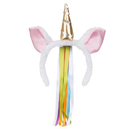 Serre-tête Licorne Magique avec Cornes Dorées et Rubans Arc-en-ciel
