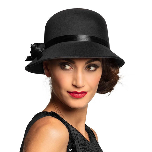 Chapeau Cloche Noir Années 20 avec Rose - Accessoire Vintage