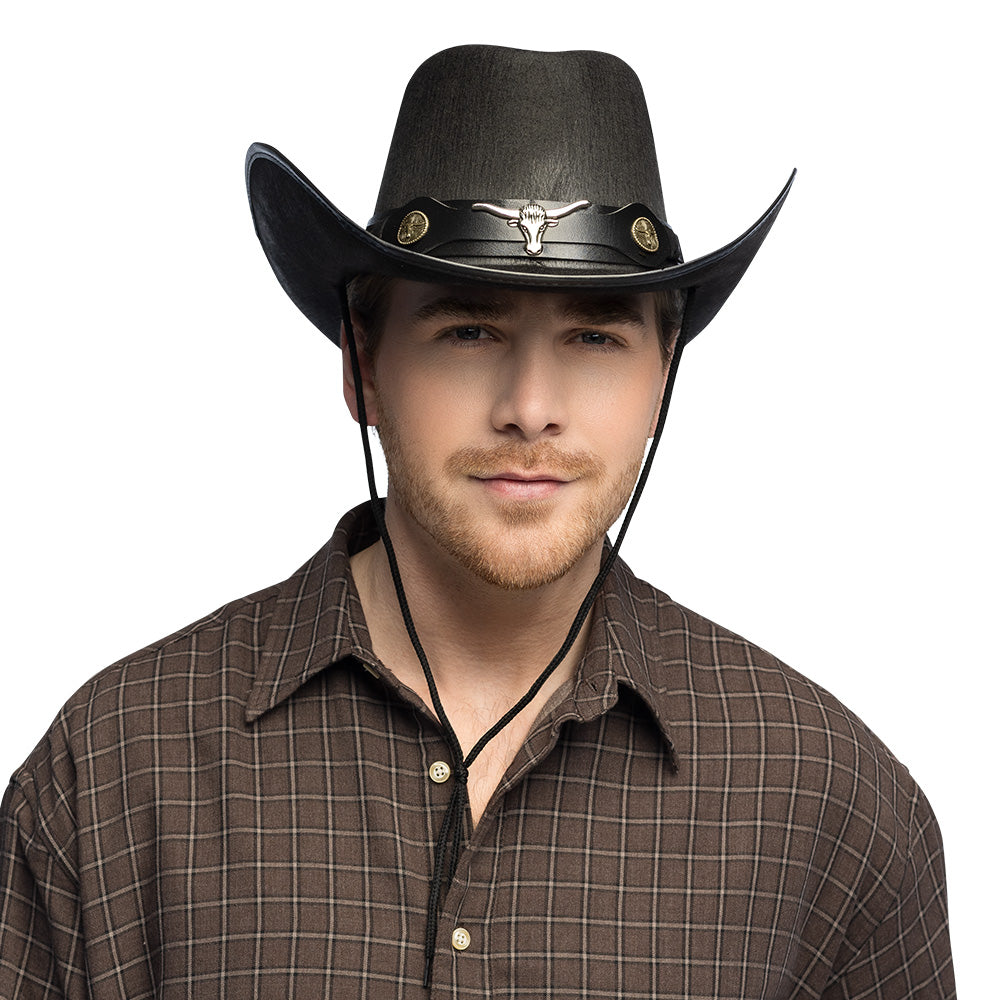 Chapeau Cowboy Noir avec Tête de Taureau - Accessoire Western