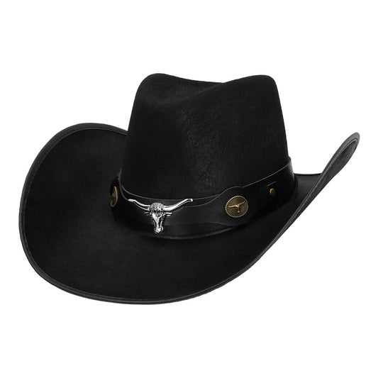 Chapeau Cowboy Noir avec Tête de Taureau - Accessoire Western