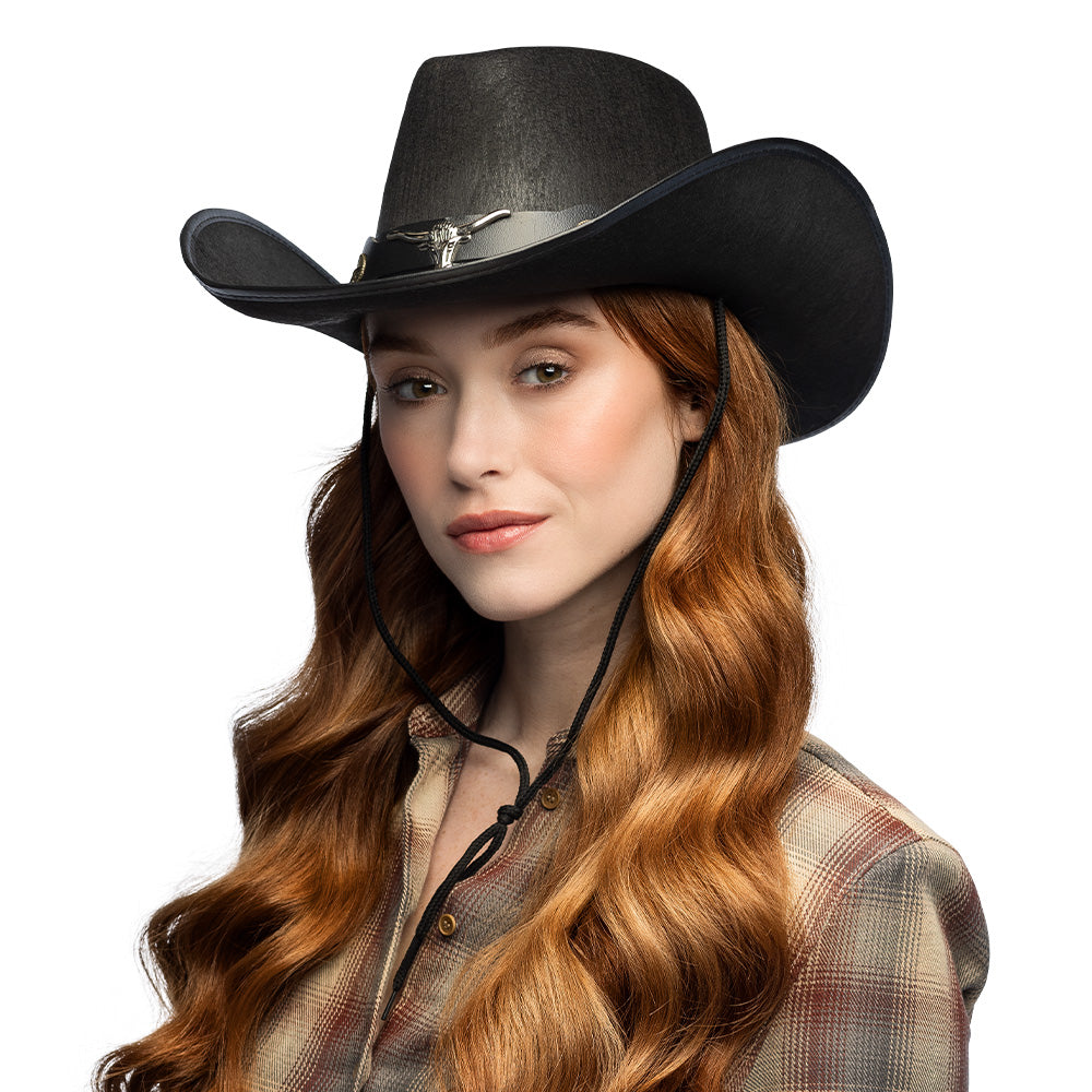 Chapeau Cowboy Noir avec Tête de Taureau - Accessoire Western