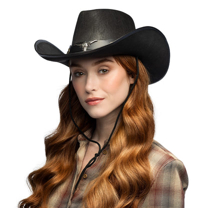Chapeau Cowboy Noir avec Tête de Taureau - Accessoire Western