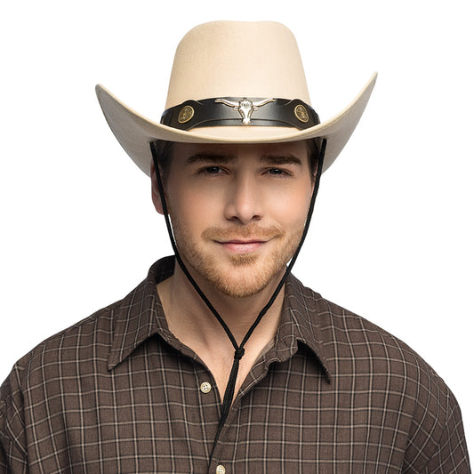Chapeau Cowboy Beige Adulte avec Bandeau Cuir et Cornes