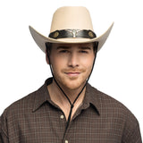 Chapeau Cowboy Beige Adulte avec Bandeau Cuir et Cornes