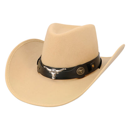 Chapeau Cowboy Beige Adulte avec Bandeau Cuir et Cornes