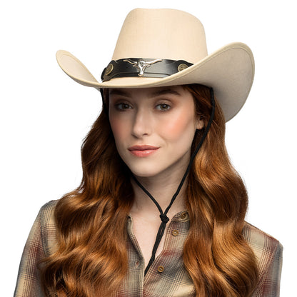 Chapeau Cowboy Beige Adulte avec Bandeau Cuir et Cornes