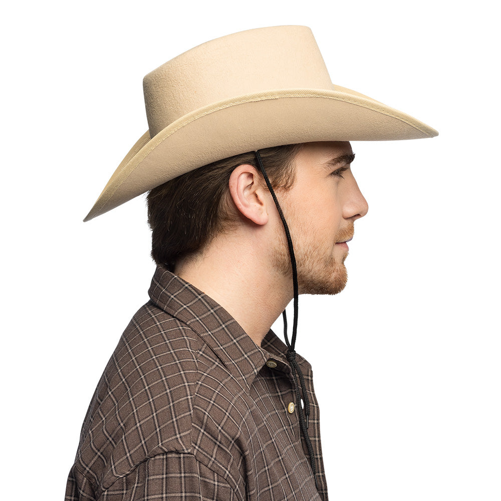 Chapeau Cowboy Beige Adulte avec Bandeau Cuir et Cornes
