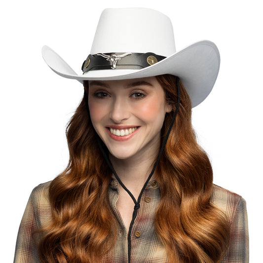 Chapeau Cowboy Blanc avec Bandeau Cuir Taureau