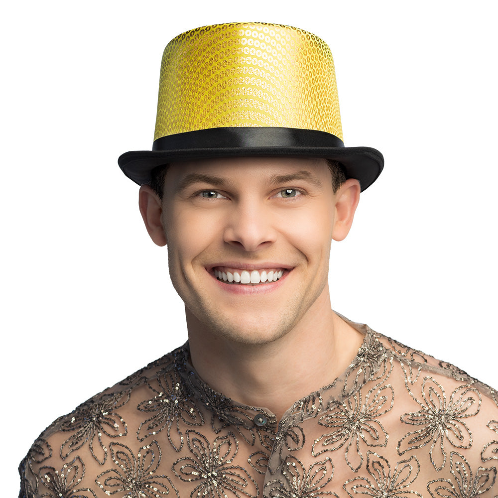 Chapeau Haut de Forme Paillettes Jaune et Noir - Accessoire Soirée