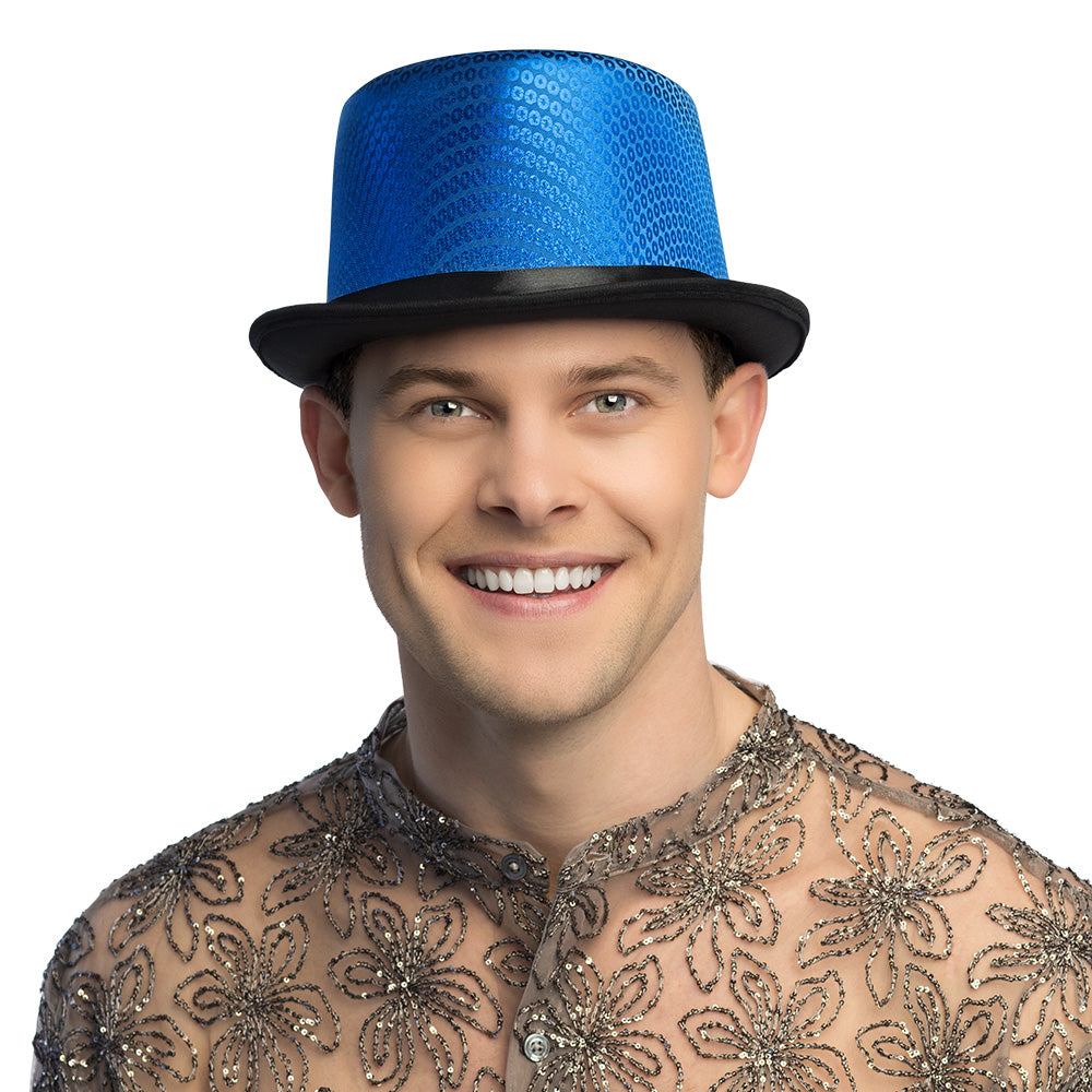 Haut de forme paillettes bleu électrique - Accessoire fête inoubliable