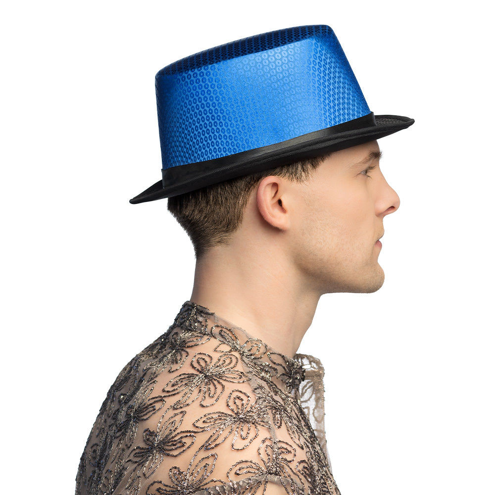 Haut de forme paillettes bleu électrique - Accessoire fête inoubliable
