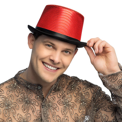 Haut-de-forme paillettes rouge et noir - Accessoire cabaret chic