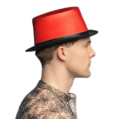 Haut-de-forme paillettes rouge et noir - Accessoire cabaret chic